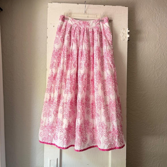 Nimo With Love Dresses & Skirts - Nimo Pink White Embroidered Cotton Maxi Skirt Medium Pockets Beaded Hem